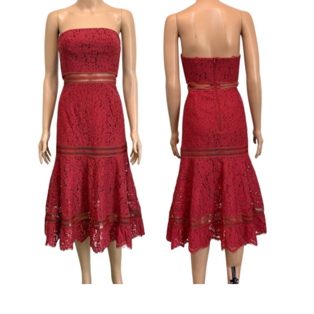 Keepsake Xs Butterfly Lace Strapless Sheer Lined Midi Dress D1 2690